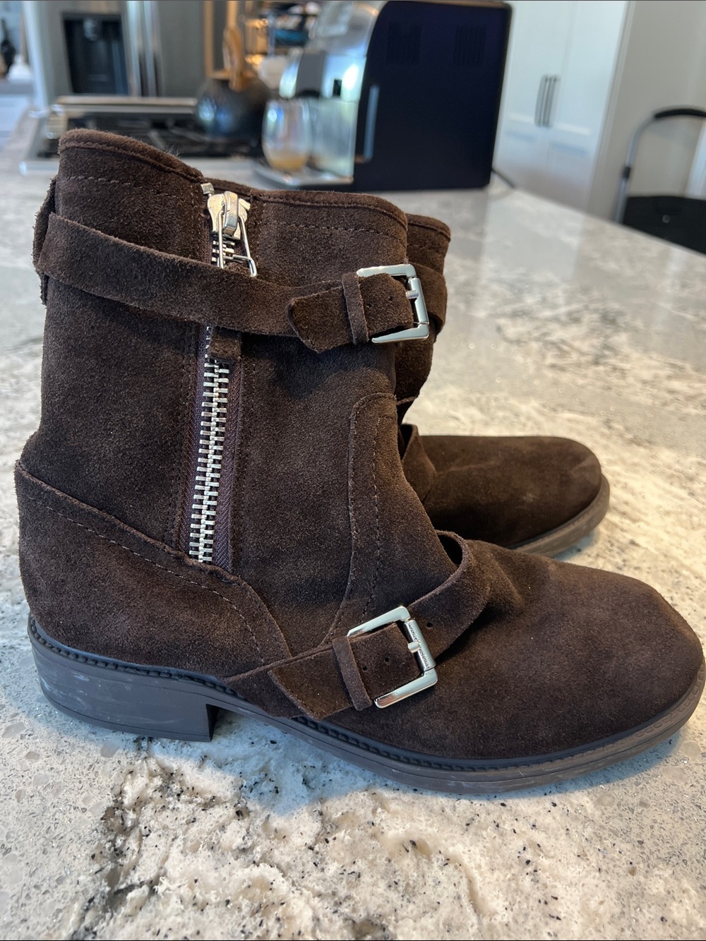 Pour La Victoire Dark Brown Suede Buckle Ankle Booties